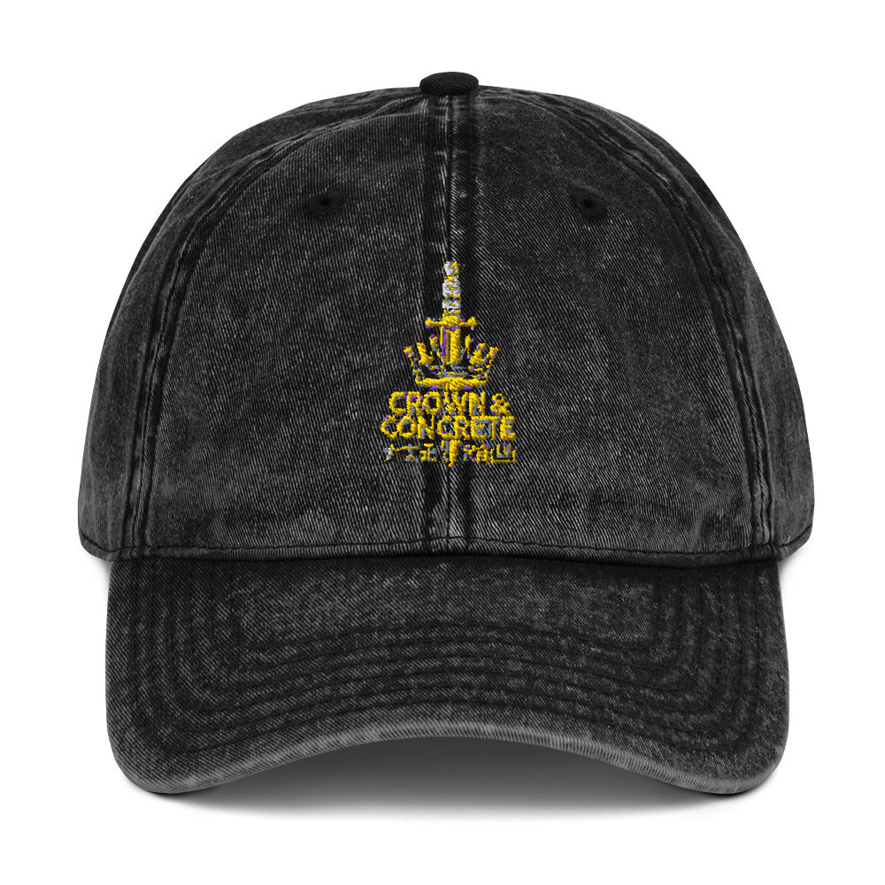 Black denim baseball cap with an embroidered logo.