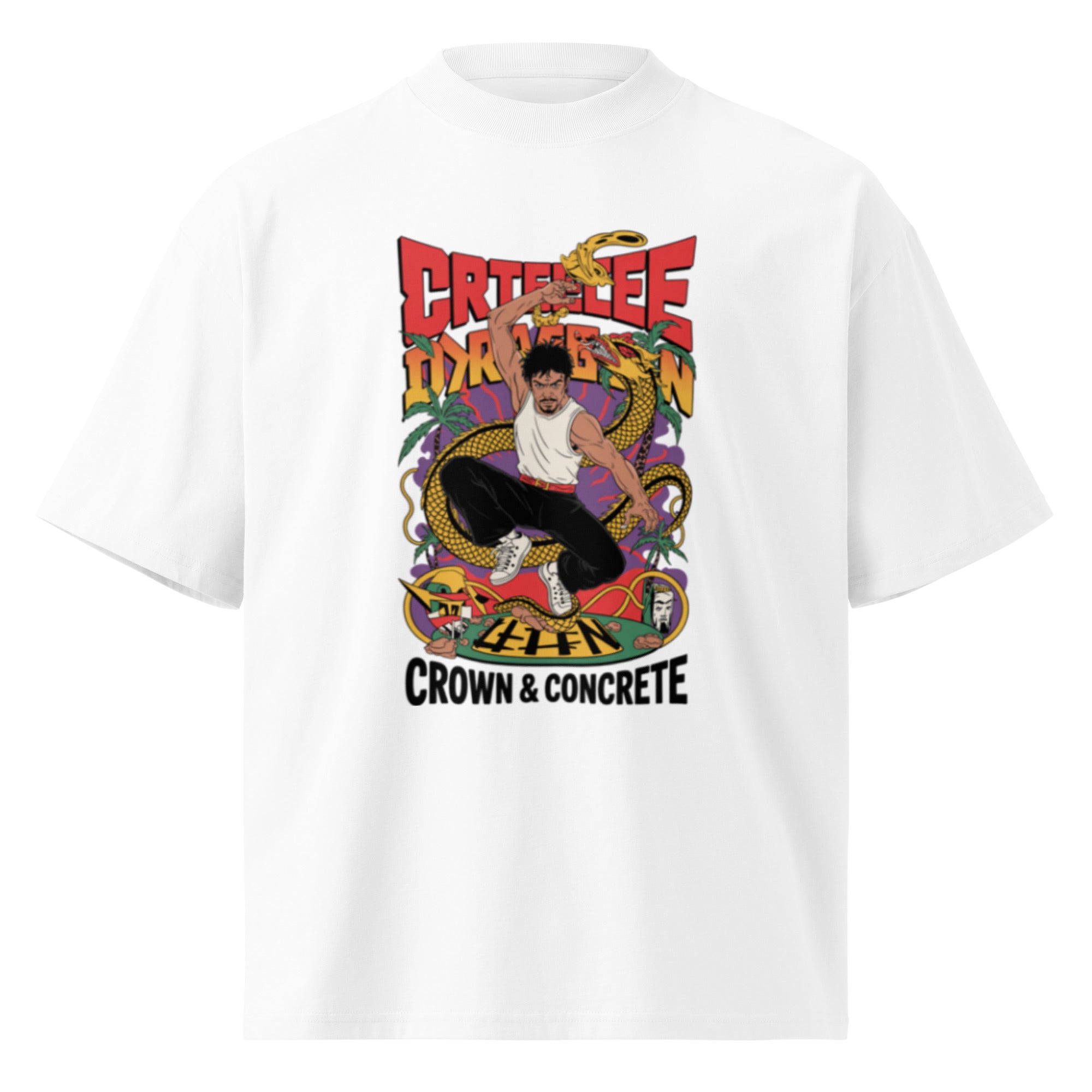 White t-shirt with a colorful, graphic design featuring a man, dragon, and "Crown & Concrete" text.