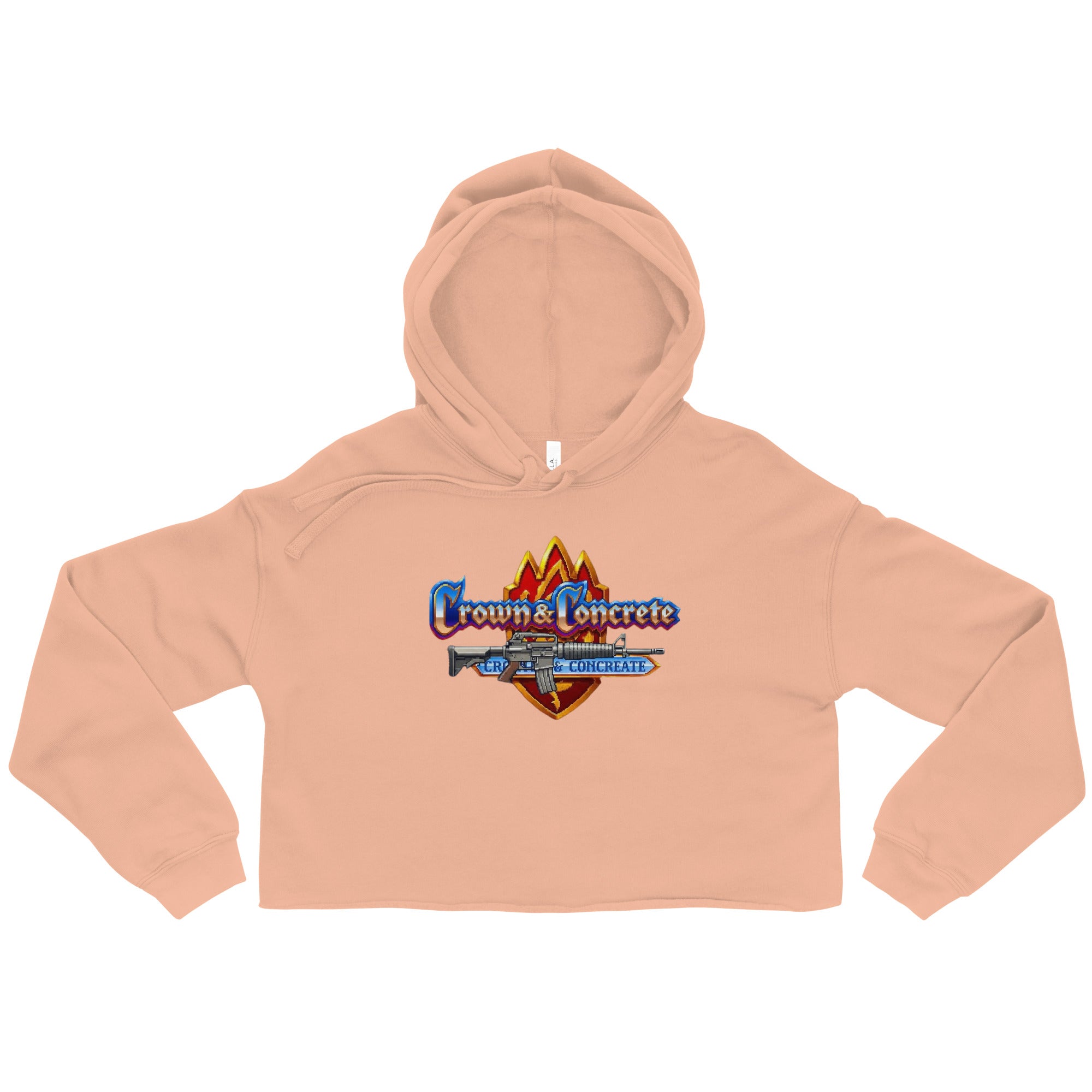 Salmon-colored cropped hoodie with a logo featuring the words "Crown & Concrete" and a firearm.