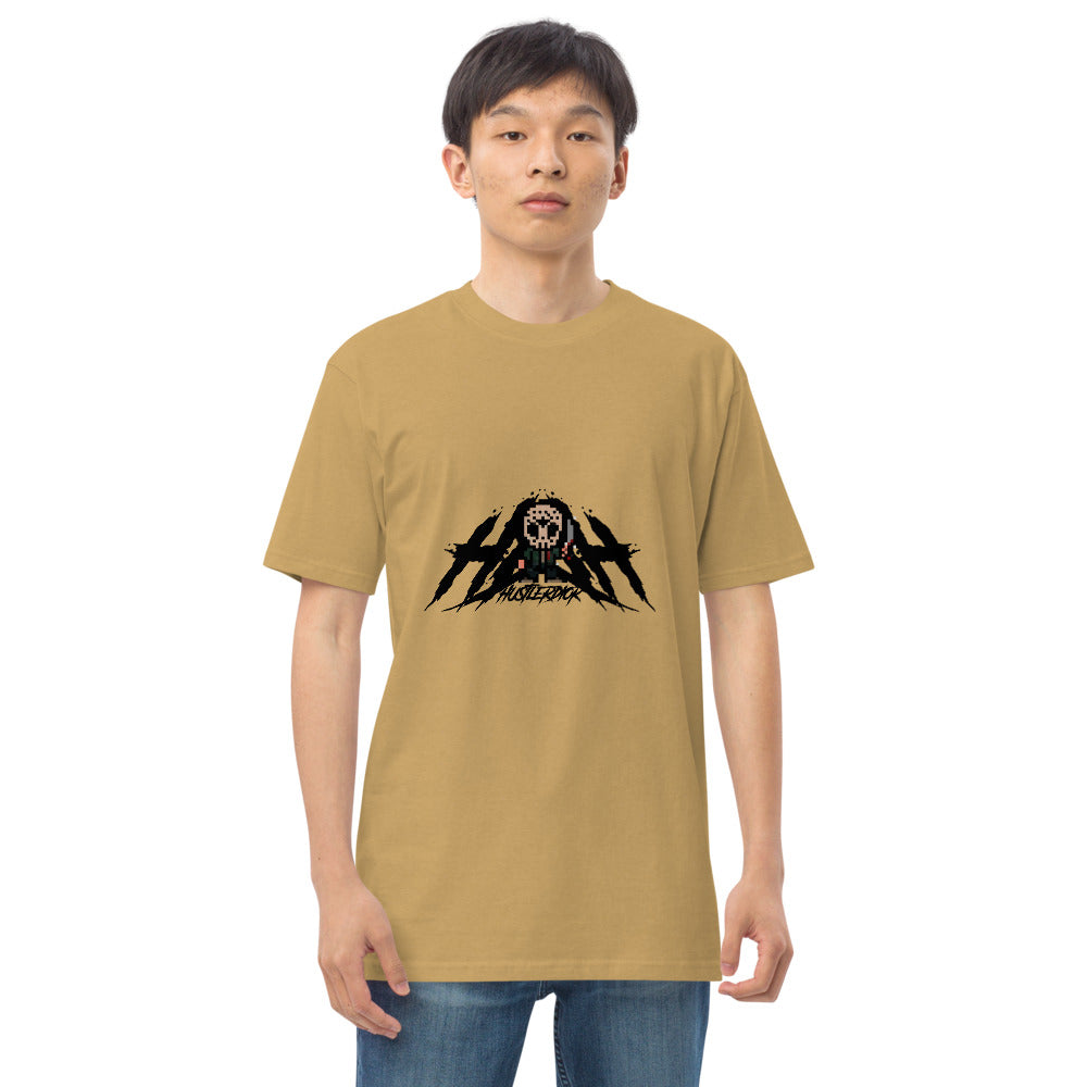 Person in yellow t-shirt with skull design.
