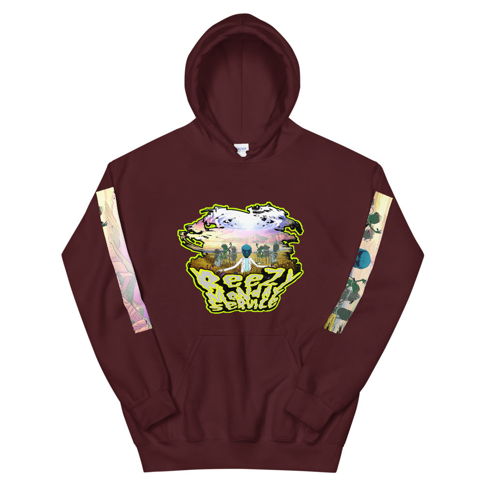 Burgundy hoodie with graphic design.