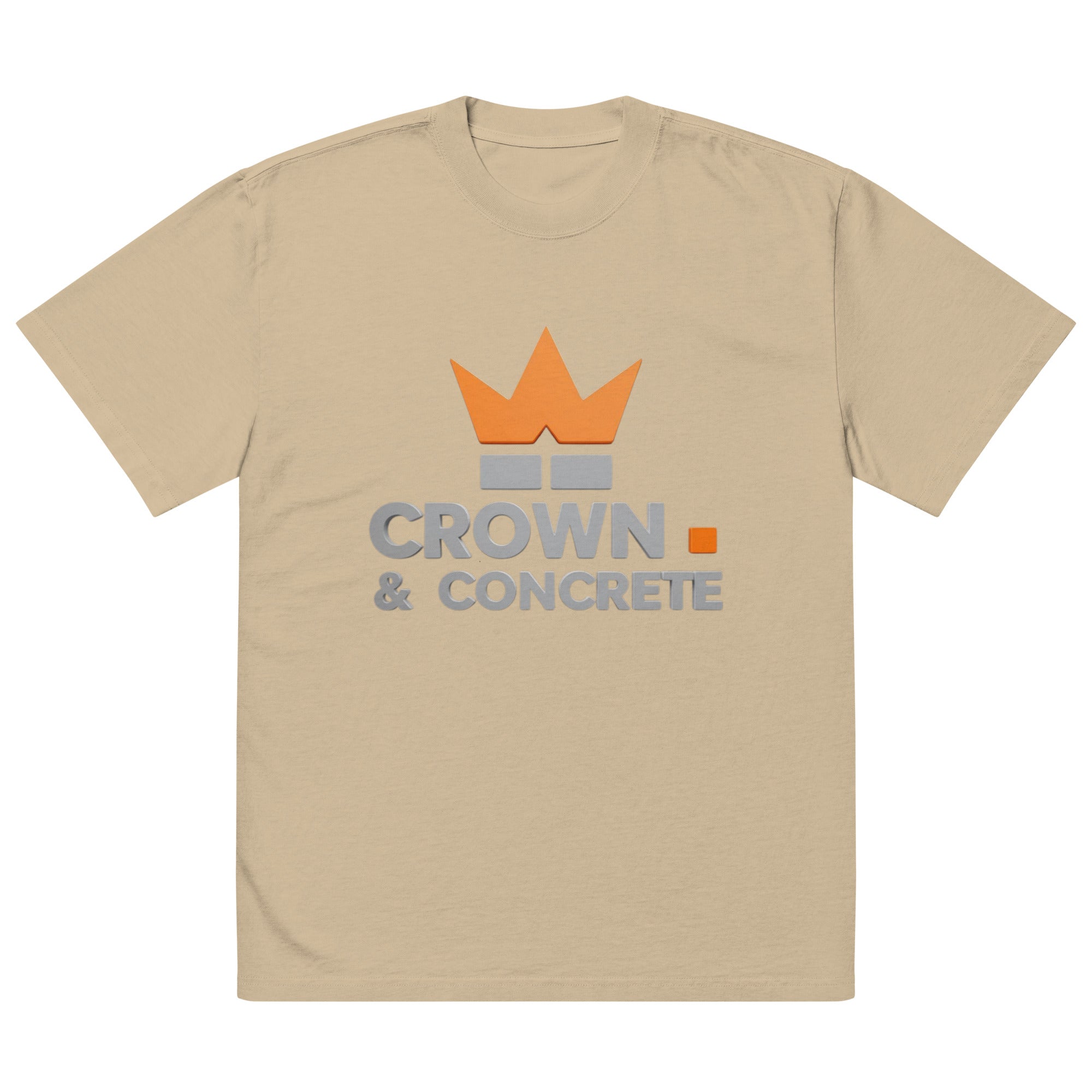 Tan t-shirt with an orange crown graphic and gray text.