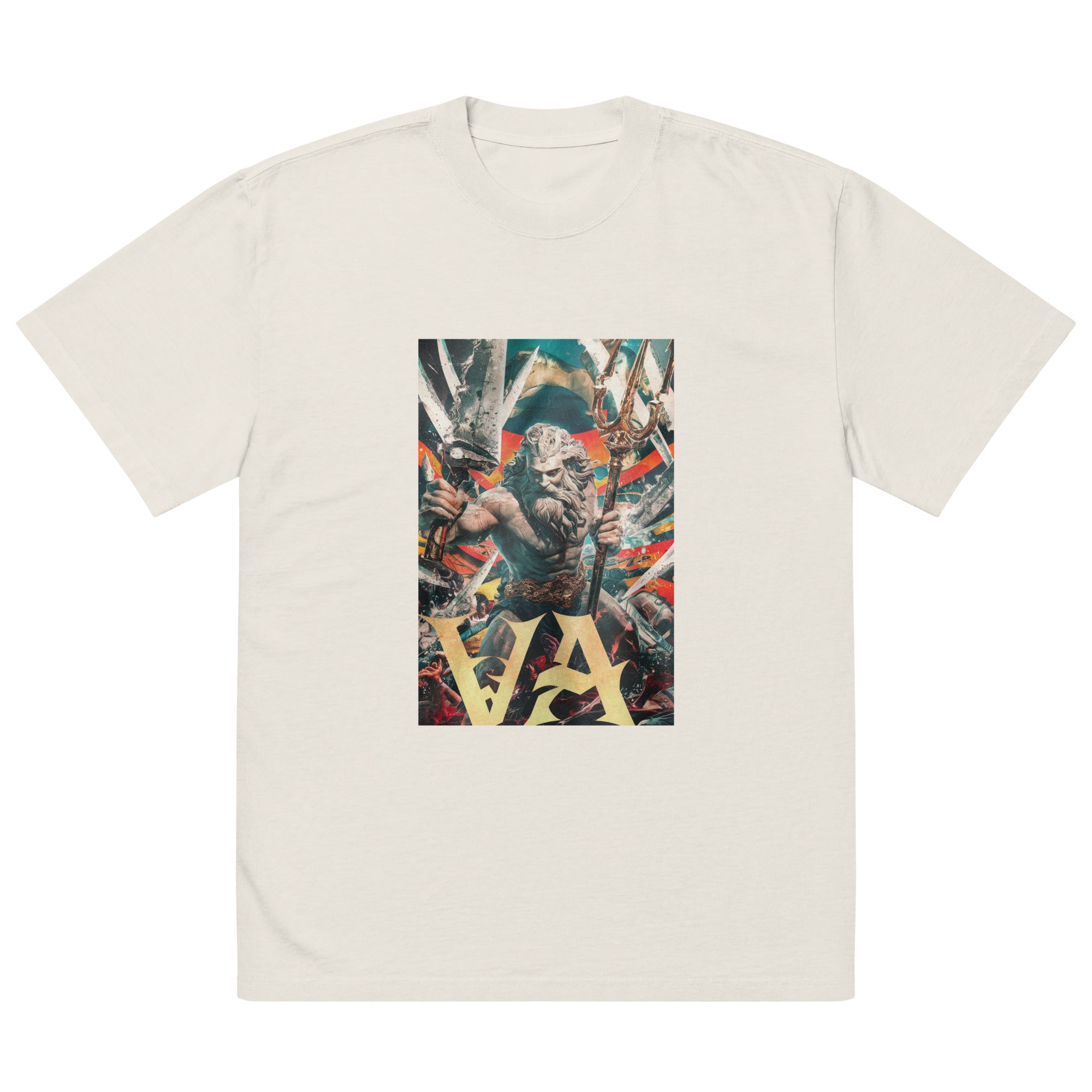 Beige t-shirt with a rectangular graphic print in the center. The print features a statue-like figure holding weapons and the letters "VA" at the bottom.