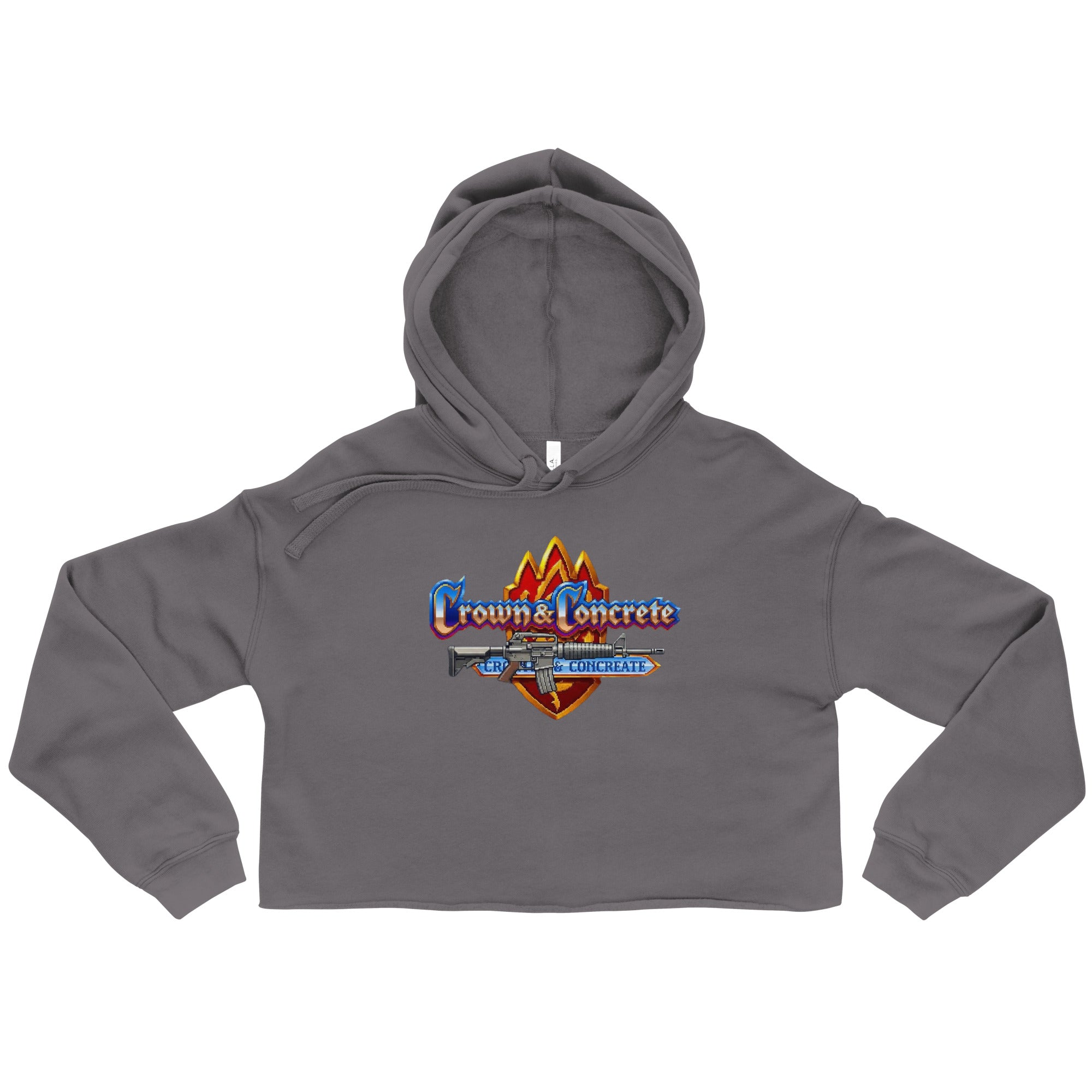 Gray crop hoodie with the Crown & Concrete logo.