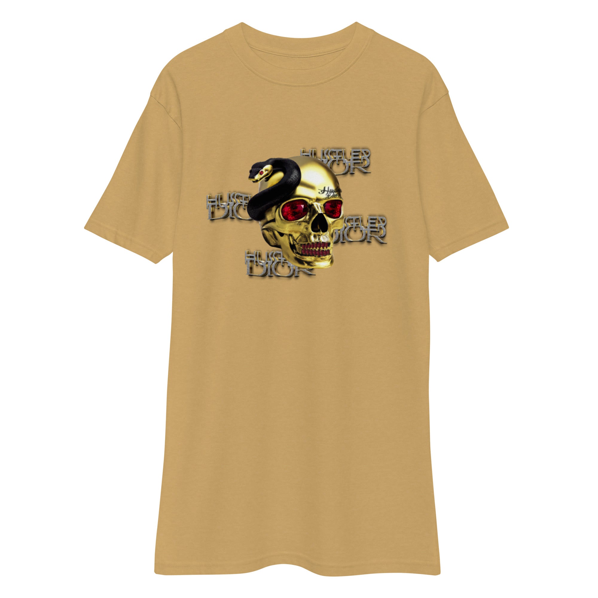 Tan t-shirt featuring a gold skull and snake graphic.