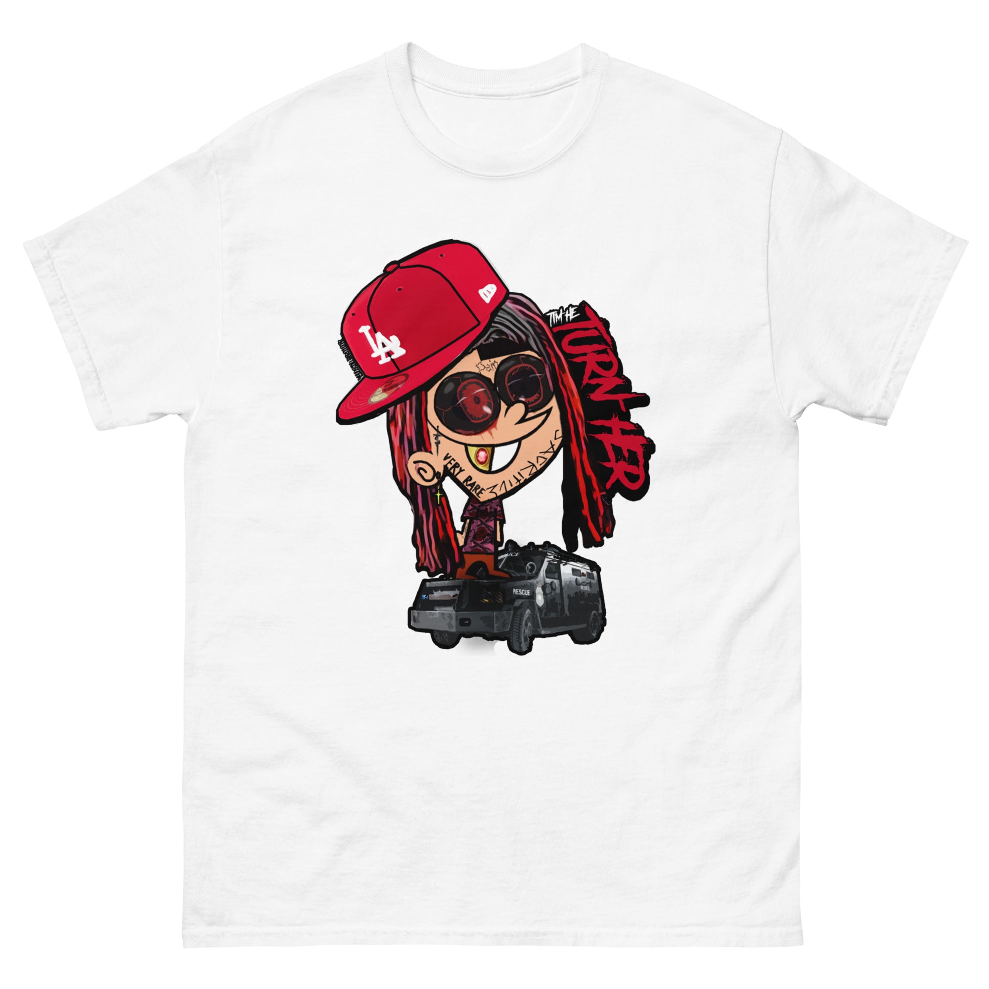 White t-shirt featuring cartoon character art.