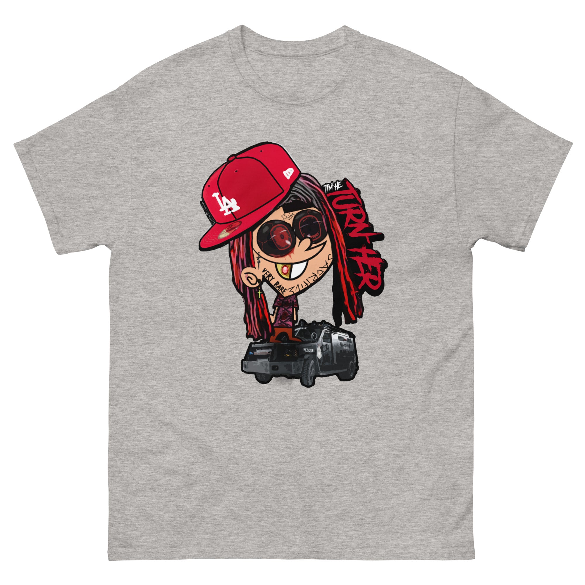 Heather grey T-shirt with a cartoon graphic.