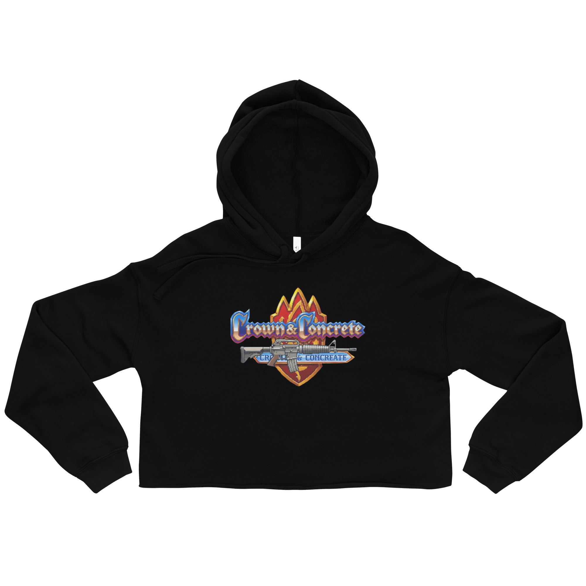 Black crop top hoodie with "Crown & Concrete" graphic.