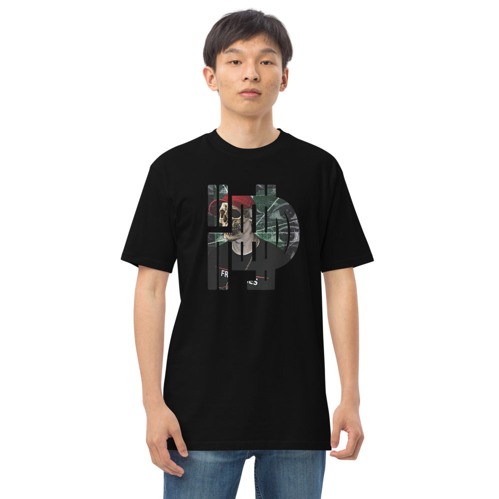 A man in a black t-shirt with a dollar sign print.