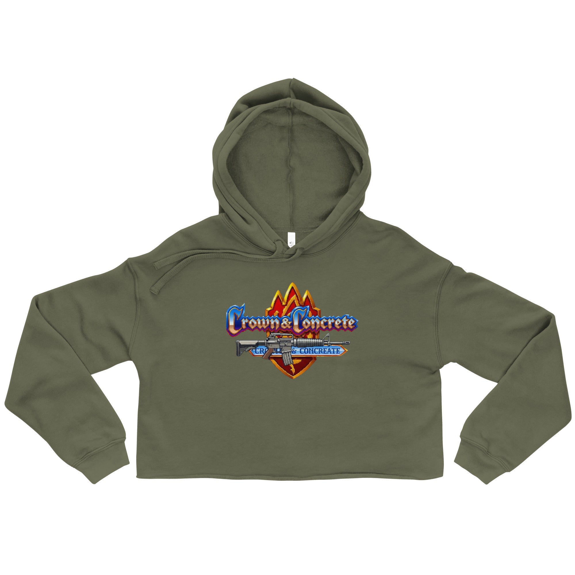 Olive green crop top hoodie with "Crown & Concrete" logo and AR-15 graphic.
