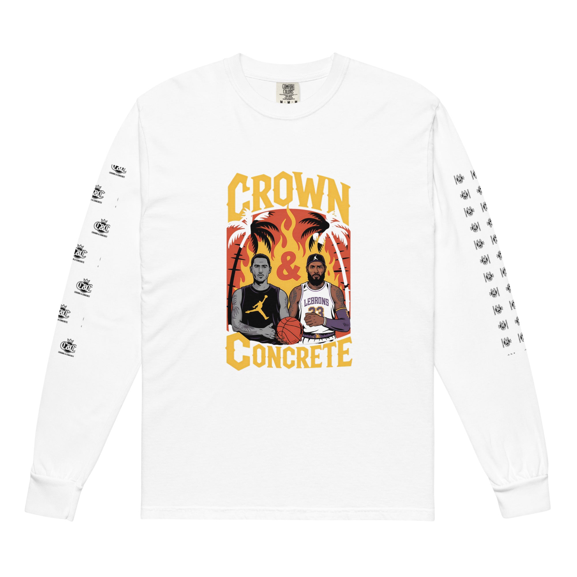 White long-sleeve shirt with a graphic of LeBron James and Michael Jordan.