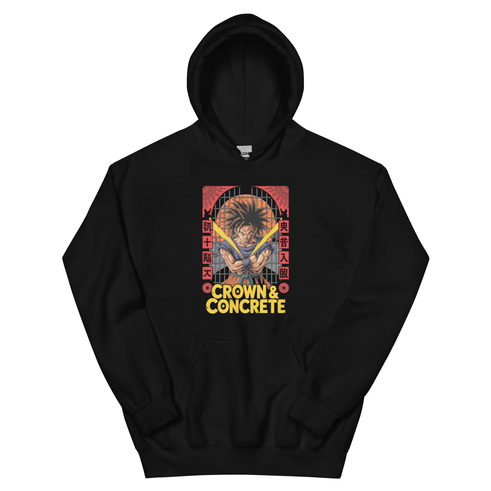 Black hoodie with a graphic print of an anime character behind bars.
