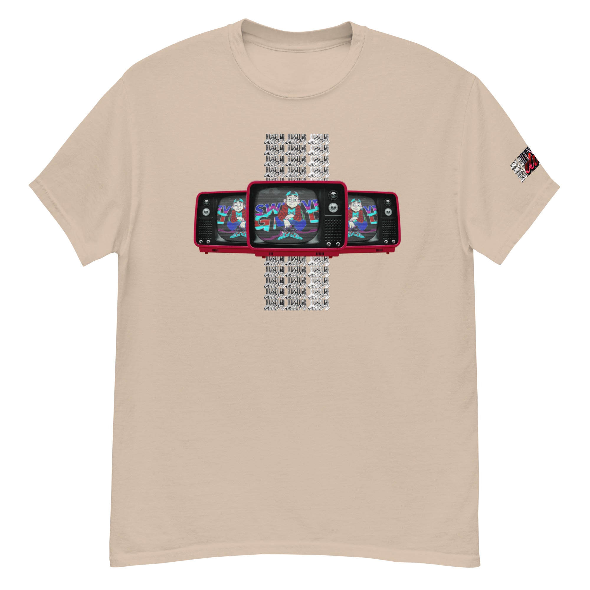Tan t-shirt with three red TVs and "Hustler Warrior" text.