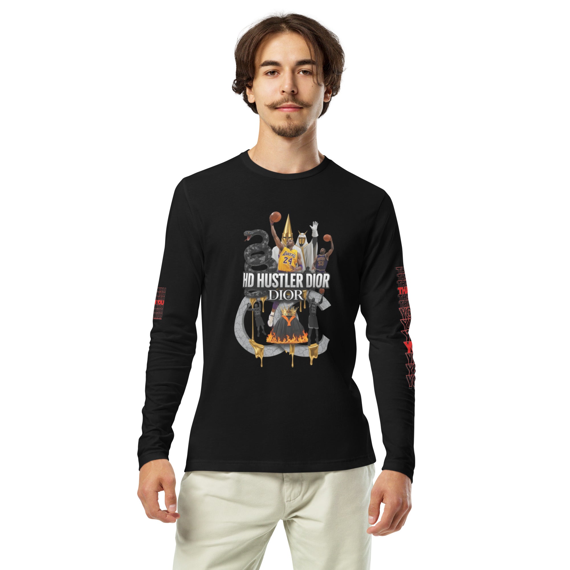 Man in black long-sleeve shirt with graphic print and khaki pants.