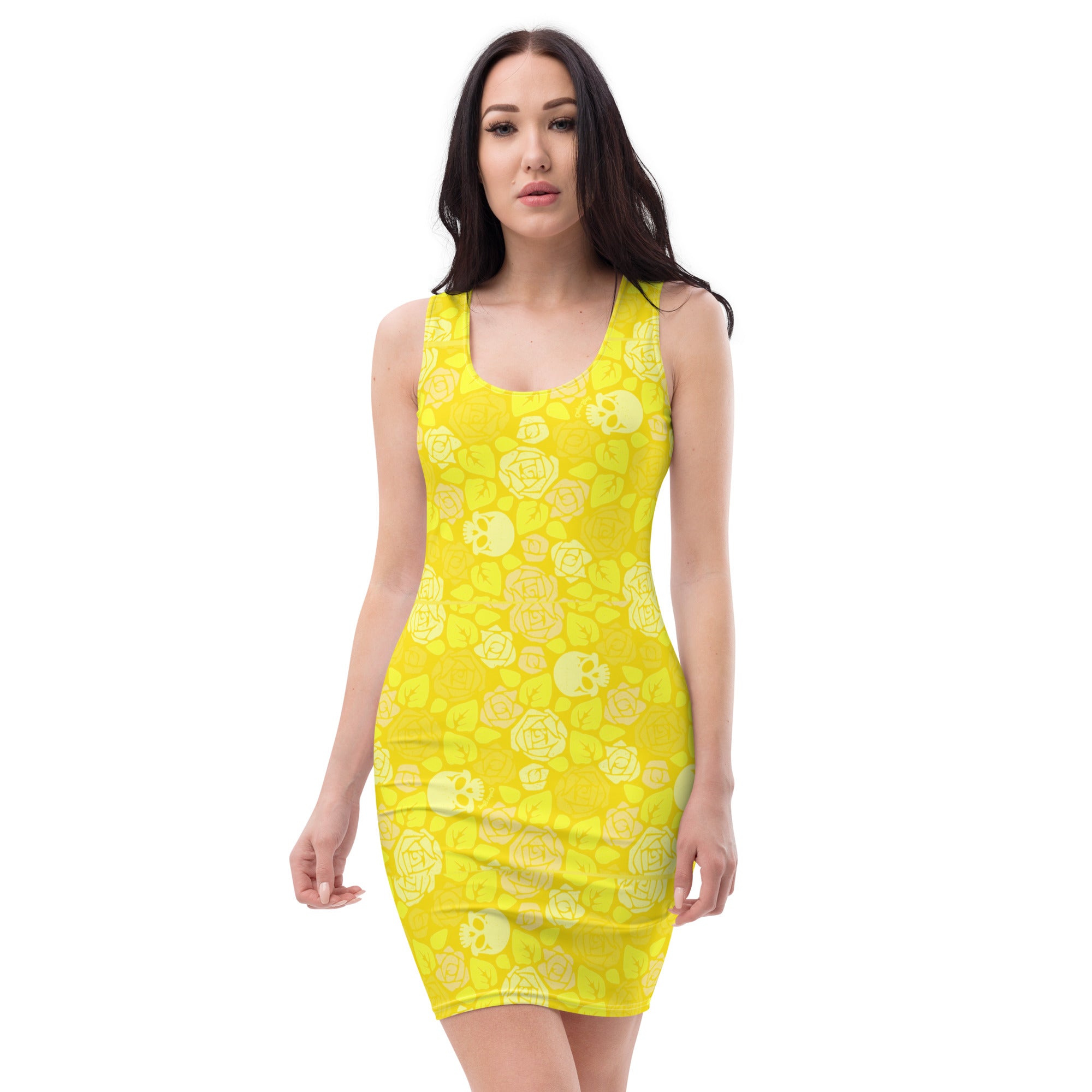 Woman in yellow skull-and-rose patterned dress.
