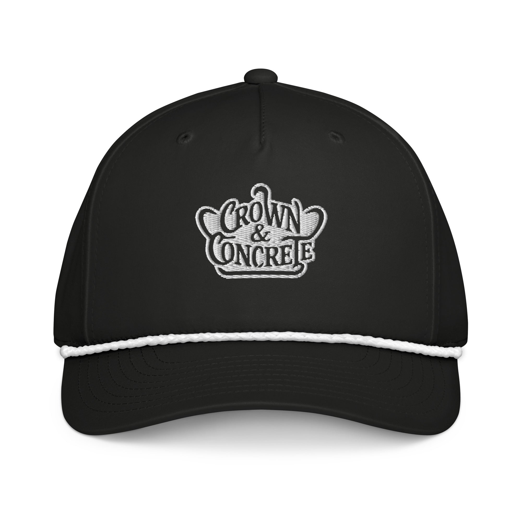 Black cap with white logo and rope detail.
