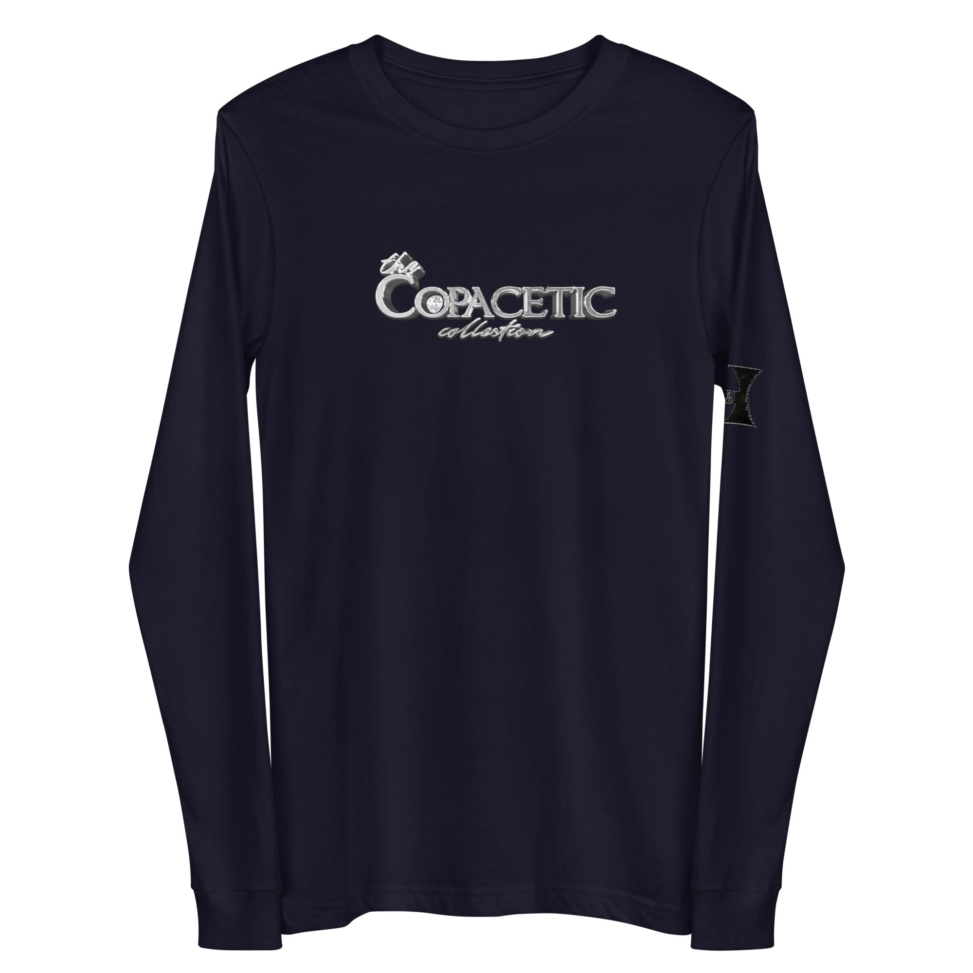 Navy blue long-sleeved shirt with silver logo.
