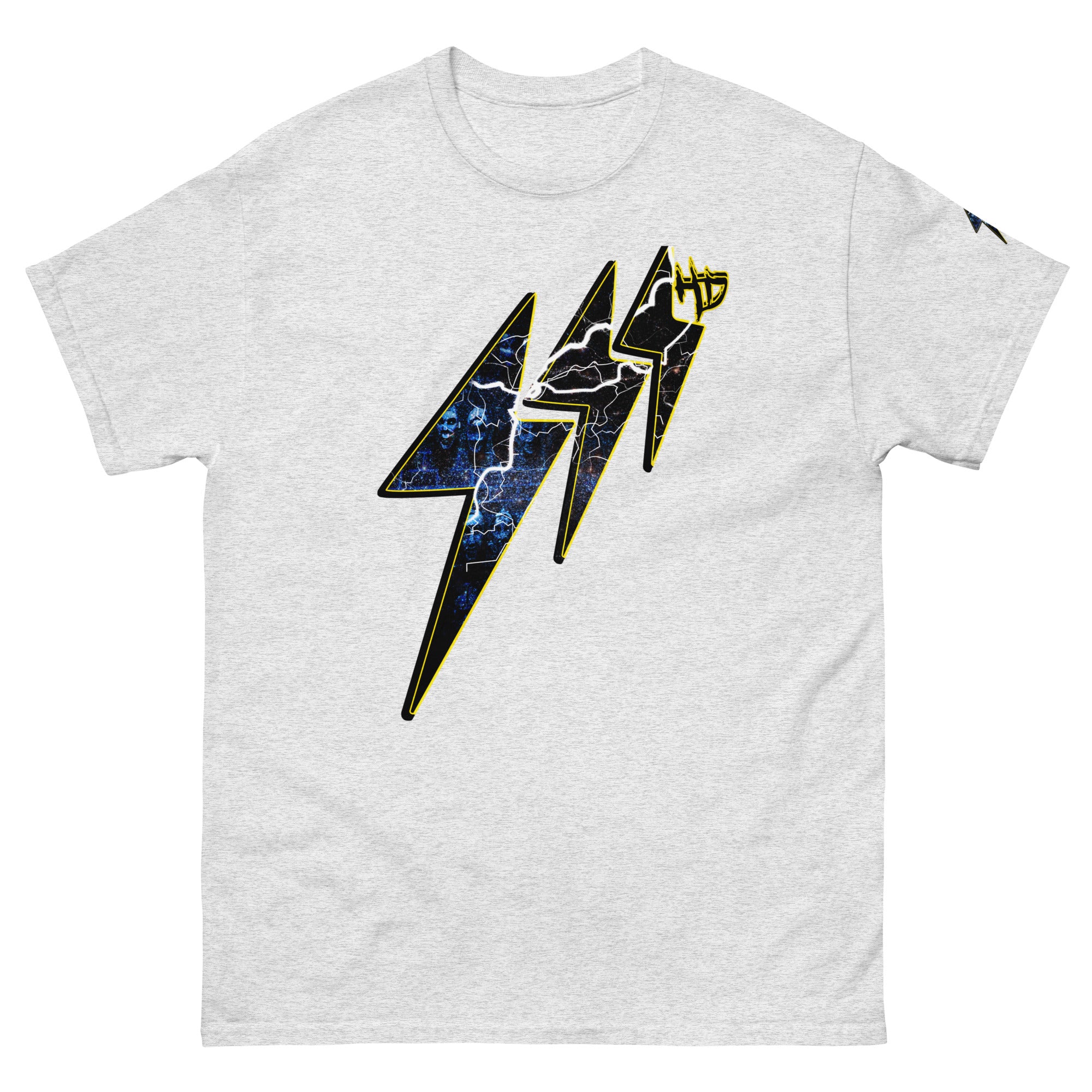 Gray t-shirt with lightning bolt graphic.